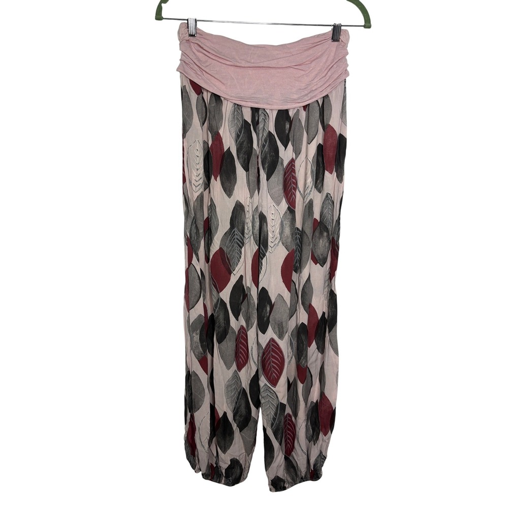 Beyond Capri Italy Pink Leaf Print Viscose Harem Boho Jogger Pants Womens L